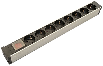 SHZ19-8SH-S-IEC Блок розеток для 19'; шкафов, горизонтальный, 8 розеток Schuko, выключатель с подсветкой, без кабеля питания, входной разъем IEC320 C1